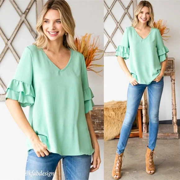 LAST 1! V Neck Stunning Double Ruffle Sleeve Mint Top! - Picture 4 of 6